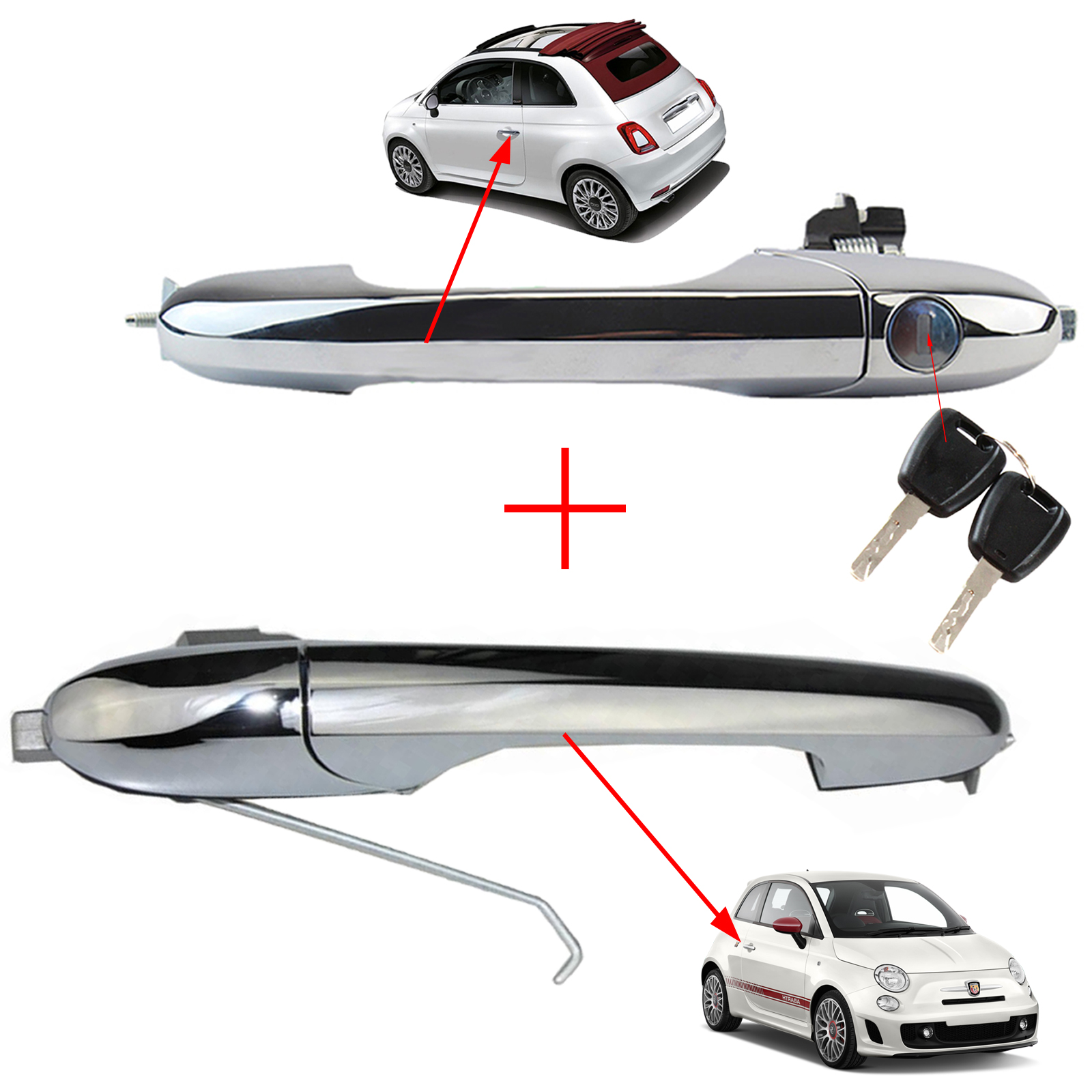 STARKIT PERFORMANCE 2 Poignées De Porte Compatibles Pour Fiat 500, Fiat 500C Et Abarth (2007-2022) Poignées Extérieures | AVANT GAUCHE + DROITE (chromée) 735592024 | 735592014 | 735451696